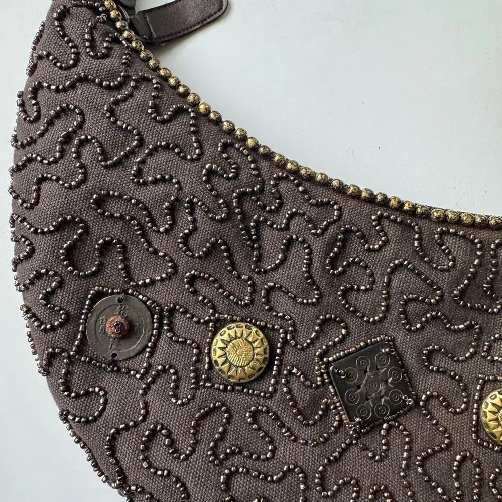 Beaded Made In India Brown Crescent Mini Shoulder Bag Party Purse Zipper Y2K